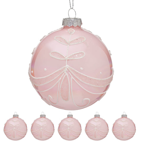 Christabelle Box of 6 Pink Glass Baubles with Sparkle Floral Pattern