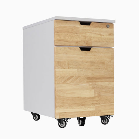 Desky Minimal Wooden Filing Cabinet - White / Natural Rubberwood