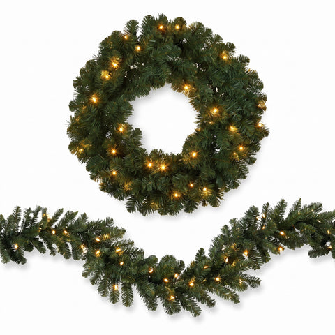 Christabelle Pre-Lit Highland Pine Wreath 61cm and Garland 2.74m Warm White LED Battery Timer Decoration