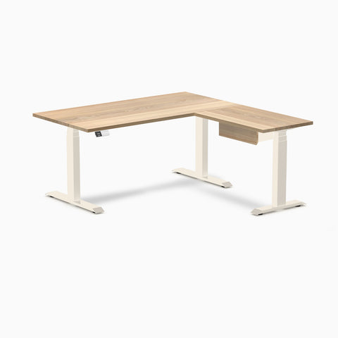 Desky Hardwood L-Shape Standing Desk With Drawer 150 x 155 cm White Ash / Wheat Top and Wheat Leg