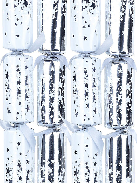 Christmas Warehouse - BONS2522 8x Silver & White With Stars Pattern Christmas Bon Bons (Crackers) | 30cm White & Silver
