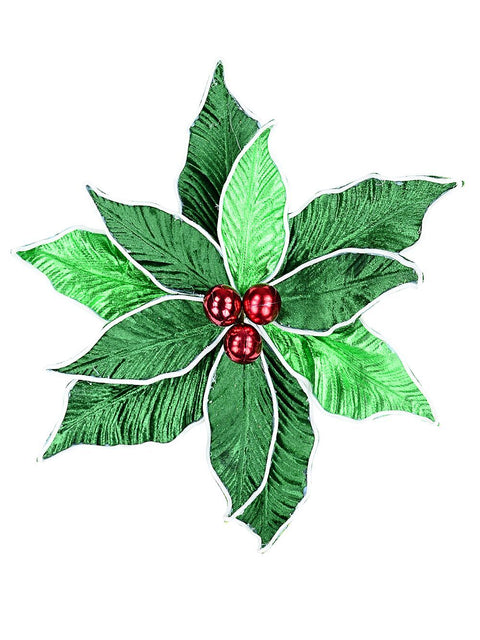 Christmas Warehouse - PICK2414 Green Poinsettia With White & Red Decor Christmas Tree Clip Pick | 30cm Green with White & Red