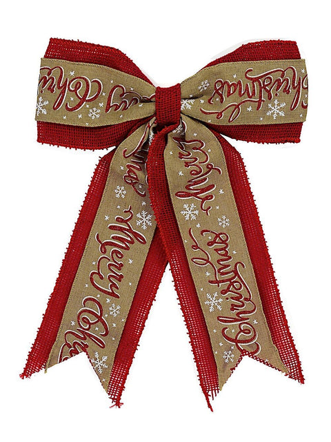 Christmas Warehouse - DECRB014 Natural Red Hessian Merry Christmas Whimsical Signature Bow | 35cm Red & Hessian