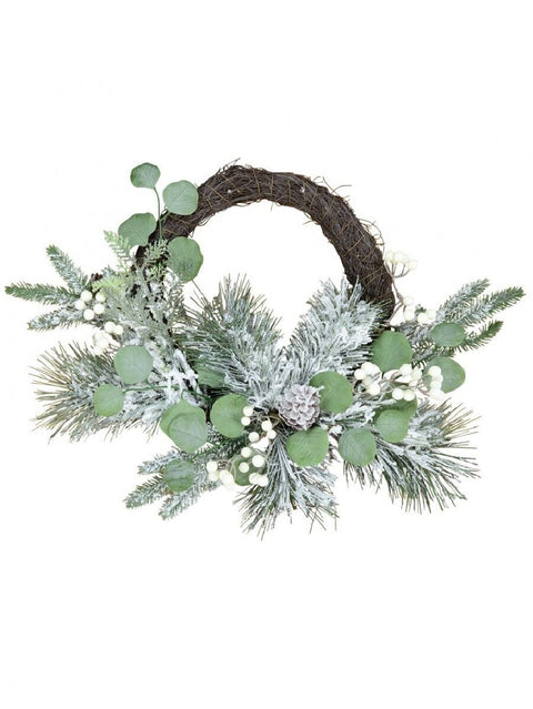 Christmas Warehouse - PREDW826 50cm Frosted Winter Christmas Wreath With Snowberries & Flocked Foliage Green & White on Brown