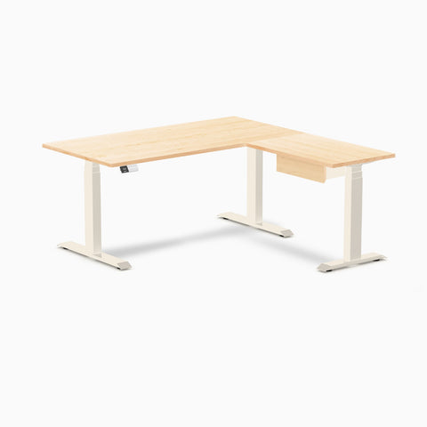 Desky Hardwood L-Shape Standing Desk With Drawer 150 x 155 cm Maple / Wheat Top and Wheat Leg