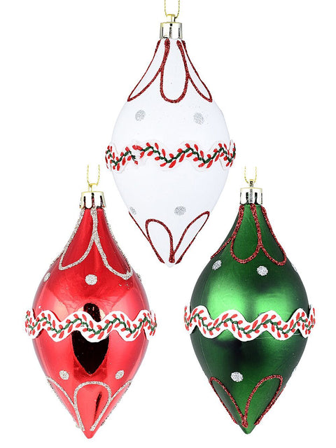 Christmas Warehouse - DECRH075 3x Red Green & White Whimsical Signature Lace Pattern Finial Drops | 13cm White, Green & Red with Silver