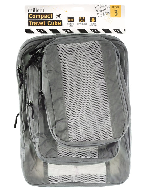 Milleni 3-Piece Compact Water-Resistant Travel Cube Set (Grey)