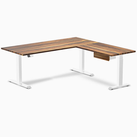 Desky Hardwood L-Shape Standing Desk With Drawer 180 x 175 cm Pheasantwood Top and White Leg