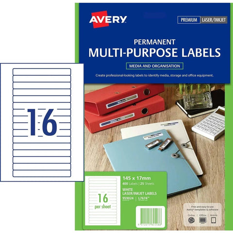 Avery 959024 L7674 16/Page Video Spine Label Laser White Pack 400