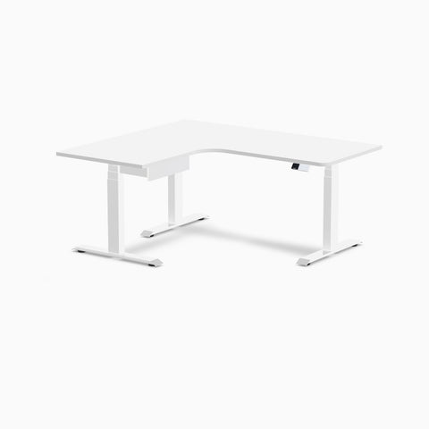 Desky L-Shape Melamine Standing Desk With Drawer 160cm - Left Return White Top and White Leg