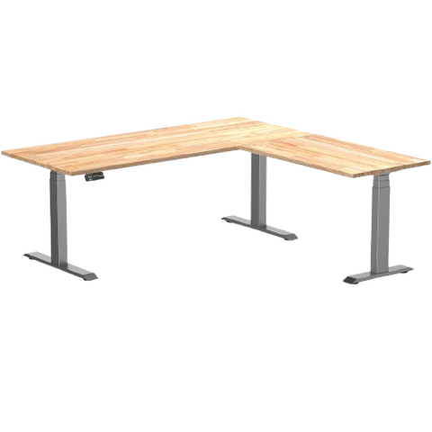 Desky Rubberwood L-Shape Sit Stand Desk 180 x 175 cm Natural Timber Top and Space Grey Leg