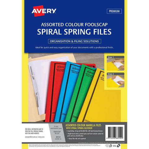 Avery 88550 Spiral Spring Action File Foolscap Assorted Colours Pack 5
