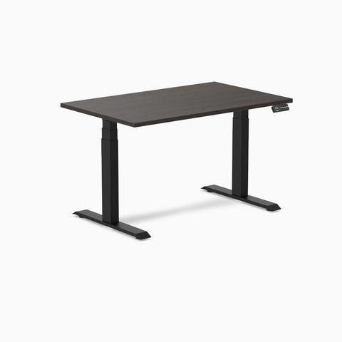 Desky Dual Melamine Sit Stand Desk 120cm Burnished Wood Desktop and Matte Black Frame
