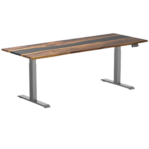 Desky Dual Resin Hardwood Sit Stand Desk 200cm Pheasantwood Blue River Desktop and Space Grey Frame