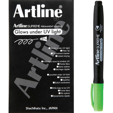 Artline Supreme Glow Marker Green Glows In UV Light Box 12