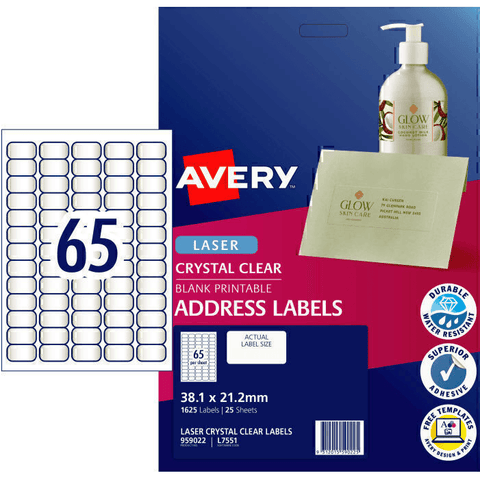 Avery 959022 L7551 Crystal Clear Address Label Laser 65Up (Clear) [Pack 25]