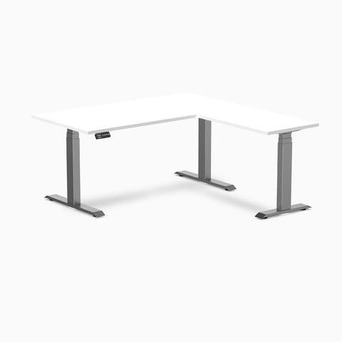 Desky Eco L-Shape Melamine Sit Stand Desk 150 x 155 cm White Top and Space Grey Leg