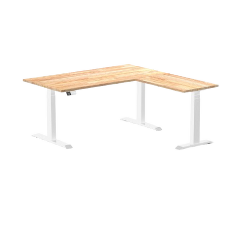 Desky Rubberwood L-Shape Sit Stand Desk 150 x 155 cm Natural Timber Top and White Leg