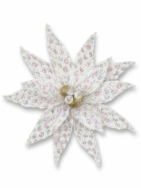 White Honeycomb Mesh & Sequin Poinsettia Christmas Tree Clip Pick | 30cmWhite with Gold & Clear