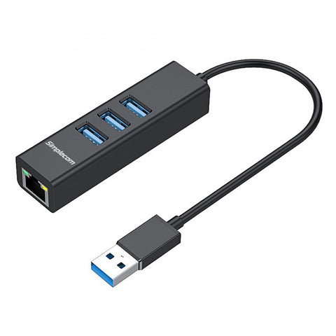 Simplecom 3 Port Aluminium USB-A Hub to USB-A with Gigabit Ethernet Adapter (Black)