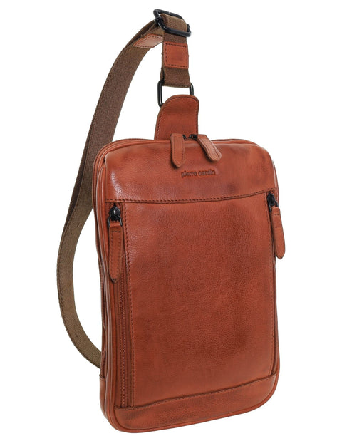 Pierre Cardin Men's Italian Leather Structured Crossbody Sling Bag 29cm Cognac