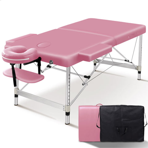 ALFORDSON Massage Table 2 Fold 75cm Foldable Portable Bed Desk Aluminium Lift Up (Pink)