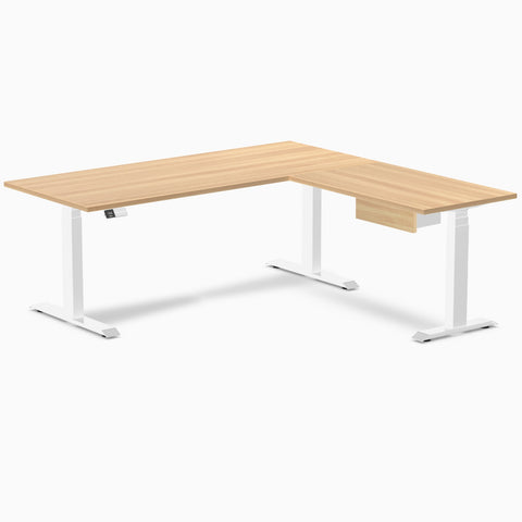 Desky Eco L-Shape Melamine Standing Desk With Drawer 180 x 175 cm Sublime Teak Top and White Leg