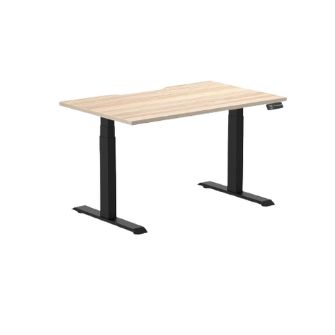 Desky Dual Scalloped Melamine Sit Stand Desk - Classic Oak / 1200x750mm / Matte Black