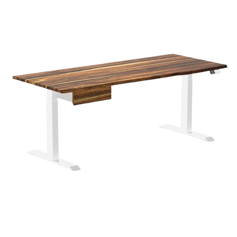 Desky Dual Hardwood Standing Desk With Drawer 180cm Pheasantwood Desktop and White Frame