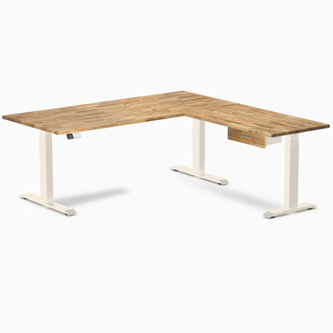 Desky Hardwood L-Shape Standing Desk With Drawer 180 x 175 cm Acacia / Wheat Top and Wheat Leg