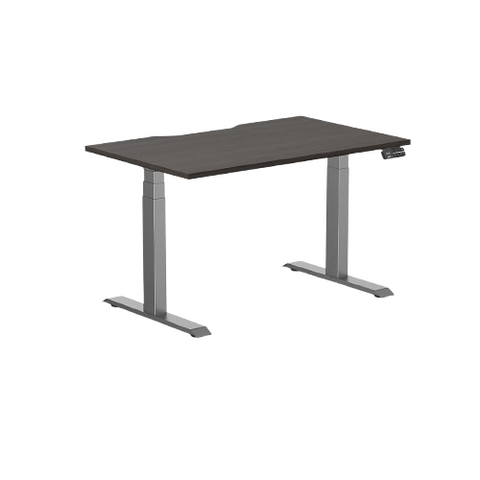 Desky Dual Scalloped Melamine Sit Stand Desk - Burnished Wood / 1200x750mm / Space Grey
