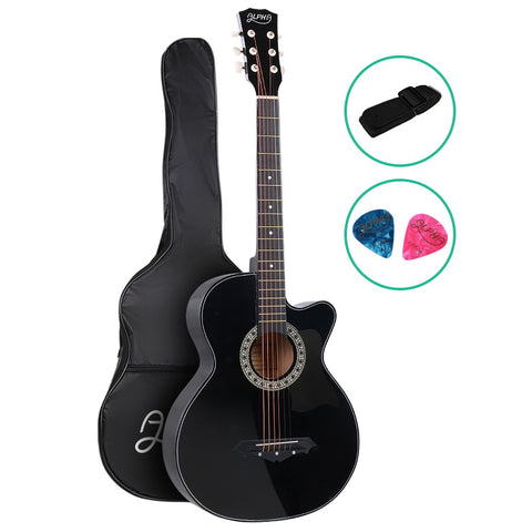 Alpha 38" Acoustic Guitar Wooden Body Steel String Full Size Cutaway (Black)
