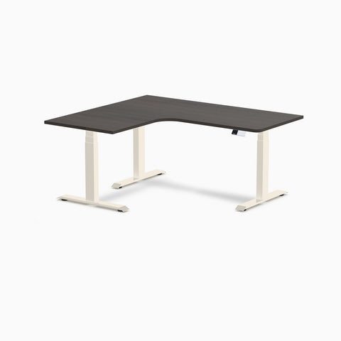Desky L-Shape Melamine Sit Stand Desk 160cm - Left Return Burnished Wood Top and Matte Black Leg