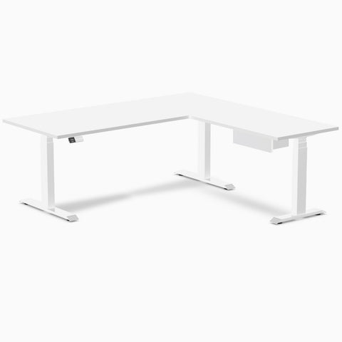 Desky Eco L-Shape Melamine Standing Desk With Drawer 180 x 175 cm White Top and White Leg