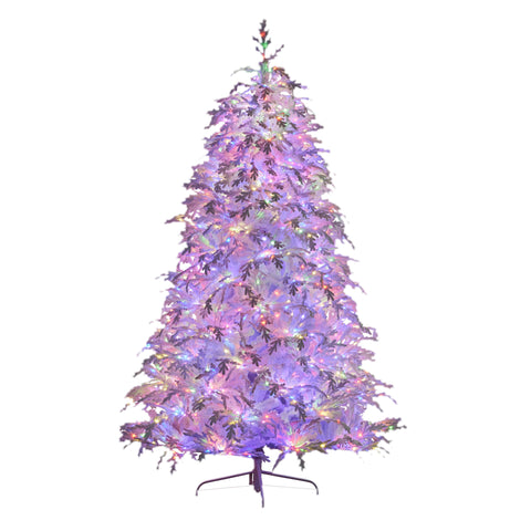 7.5ft 2.3m Pre-Lit White Flocked Artificial Christmas Tree, 1650 Multi-Function Micro LED Lights with Metal Stand