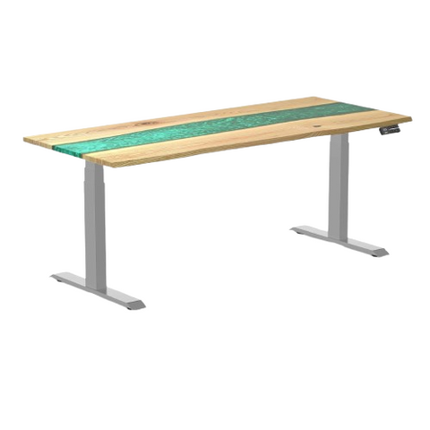 Desky Dual Resin Hardwood Sit Stand Desk 180cm White Ash Emerald River Desktop and Grey Frame