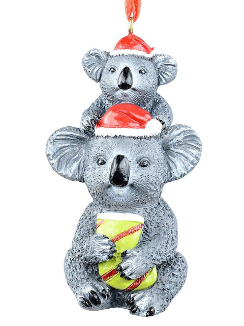 Christmas Warehouse - DECRH128 Native Koala Mum & Joey With Stocking Whimsical Essential Ornament | 80mm Grey with Green & Red