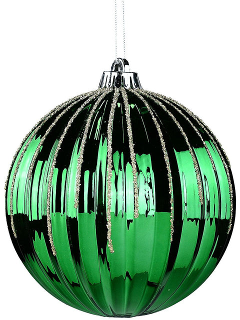 Christmas Warehouse - DECRH109 Green Dynamic Grand Pumpkin Ribbed Gold Glitter Bauble | 15cm Green with Gold