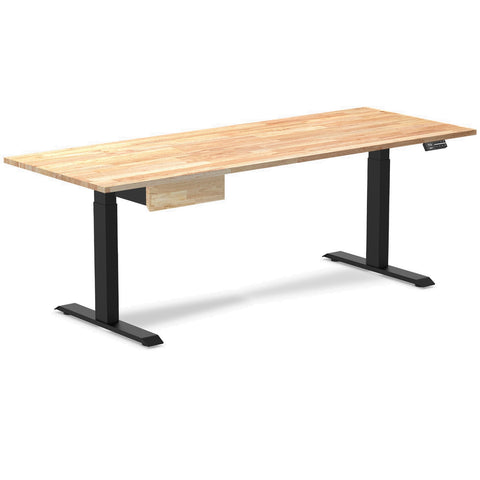 Desky Dual Rubberwood Standing Desk With Drawer 200cm Natural Timber Desktop and Matte Black Frame