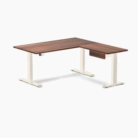 Desky Hardwood L-Shape Standing Desk With Drawer 150 x 155 cm Walnut / Wheat Top and Wheat Leg