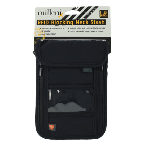 Milleni Travel Bag RFID Blocking ID/Card Neck Stash Adjustable Strap Black