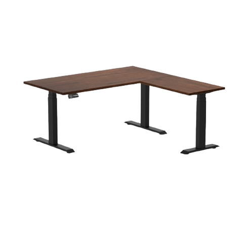 Desky Rubberwood L-Shape Sit Stand Desk 150 x 155 cm Red Walnut Top and Matte Black Leg