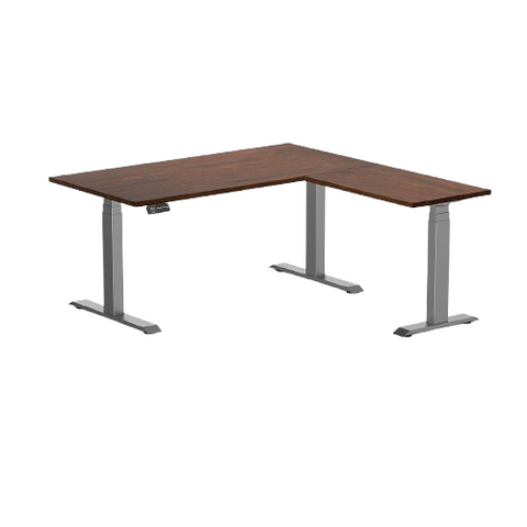 Desky Rubberwood L-Shape Sit Stand Desk 150 x 155 cm Red Walnut Top and Space Grey Leg