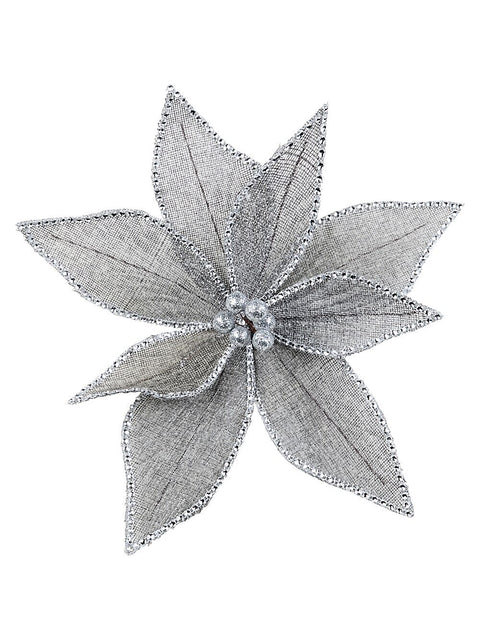 Christmas Warehouse - PICK2532 Grey Mesh & Silver Diamante Poinsettia Christmas Tree Clip Pick | 30cm Grey with Silver