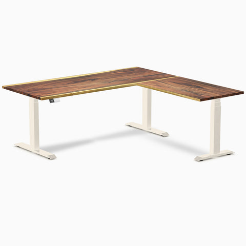 Desky Hardwood L-Shape Sit Stand Desk 180 x 175 cm Saman / Wheat Top and Wheat Leg