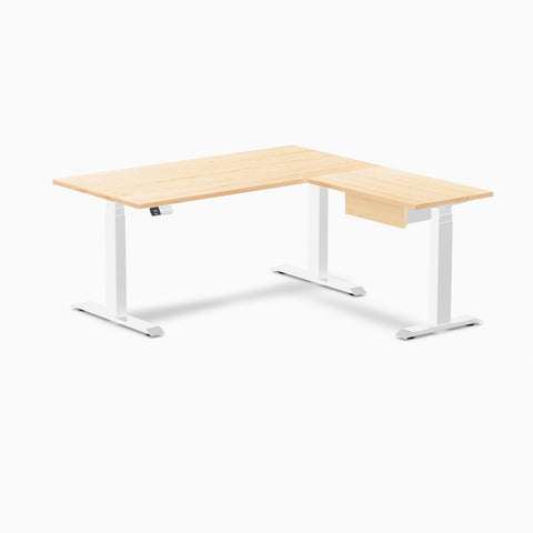 Desky Hardwood L-Shape Standing Desk With Drawer 150 x 155 cm Maple Top and White Leg