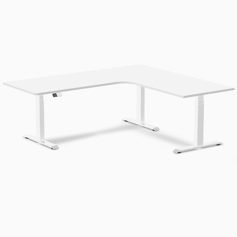 Desky L-Shape Melamine Sit Stand Desk 200cm - Right Return White Top and White Leg