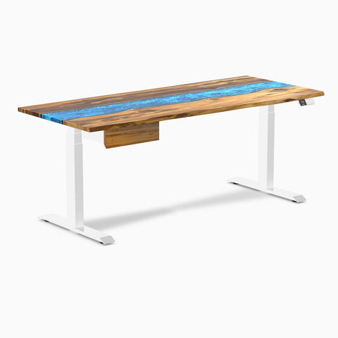 Desky Dual Resin Hardwood Standing Desk With Drawer 180cm Teak Blue River Desktop and White Frame