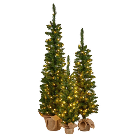 Christabelle Set of 3 Pre-Lit Christmas Trees Green Pine with LED Lights