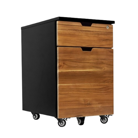 Desky Minimal Wooden Filing Cabinet - Black / Teak Hardwood